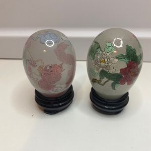 Reverse Hand Painted set of 2 Glass Egg Asian Decor 3”h with Wood Stand